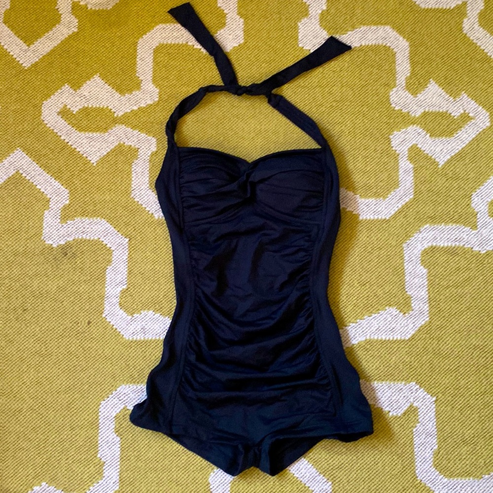Seafolly Black Ruched Swimsuit in Retro Vintage Style